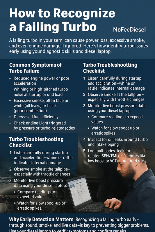 Infographic showing symptoms, causes, and diagnostic steps for a failing turbocharger in a diesel semi-truck