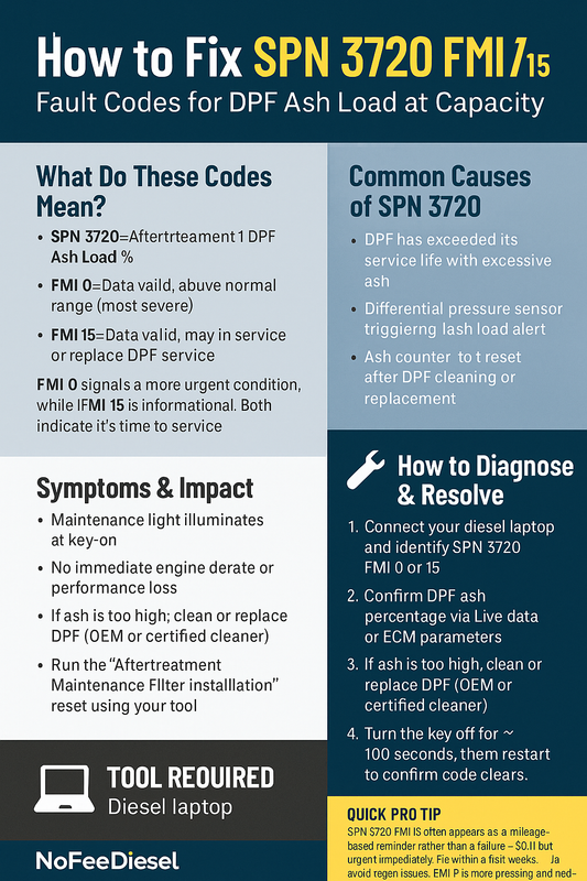 Diagnostic infographic explaining SPN 3720 FMI 0 and FMI 15 DPF ash load warnings and how to resolve them using a diesel laptop