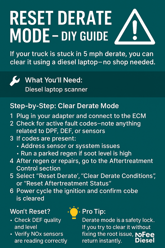 Step-by-step graphic showing how to reset 5 MPH derate mode on a diesel truck using a diesel laptop