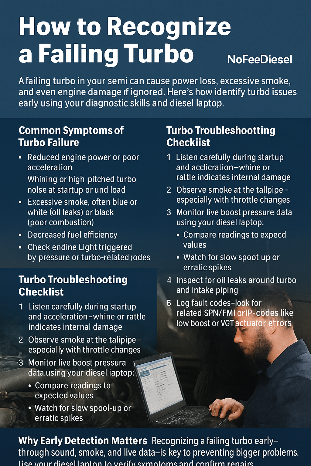 Infographic showing symptoms, causes, and diagnostic steps for a failing turbocharger in a diesel semi-truck
