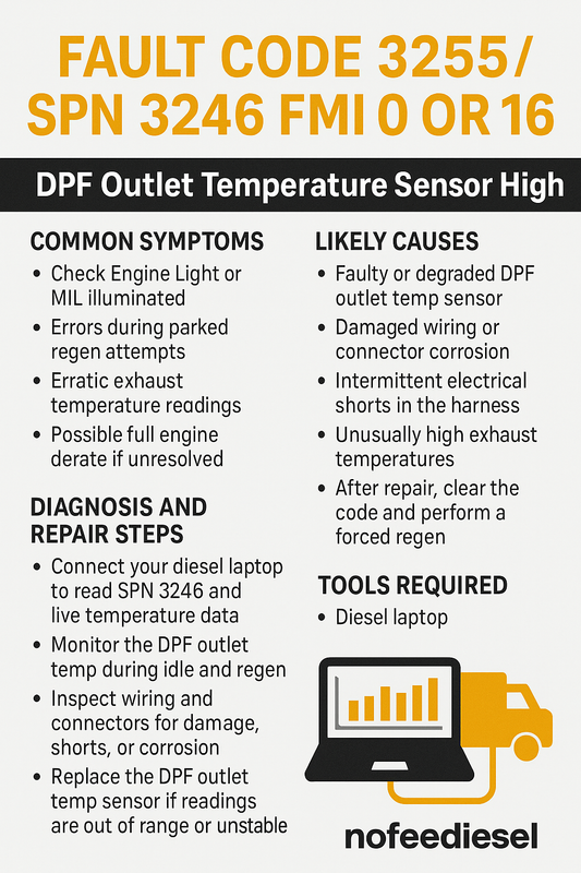 Cummins Fault Code 3255 – DPF Outlet Temperature Sensor High (SPN 3246 FMI 0 or 16)