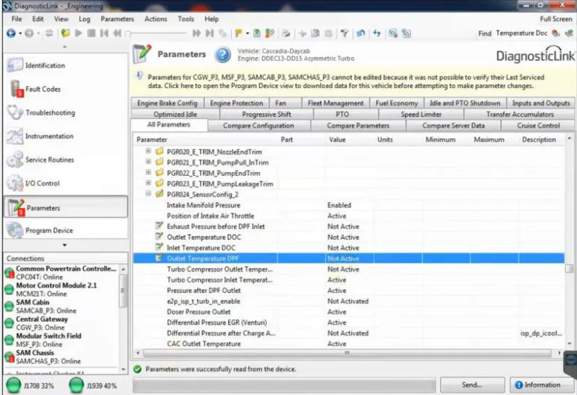 Diesel scanner software editing speed limiter settings on heavy-duty truck